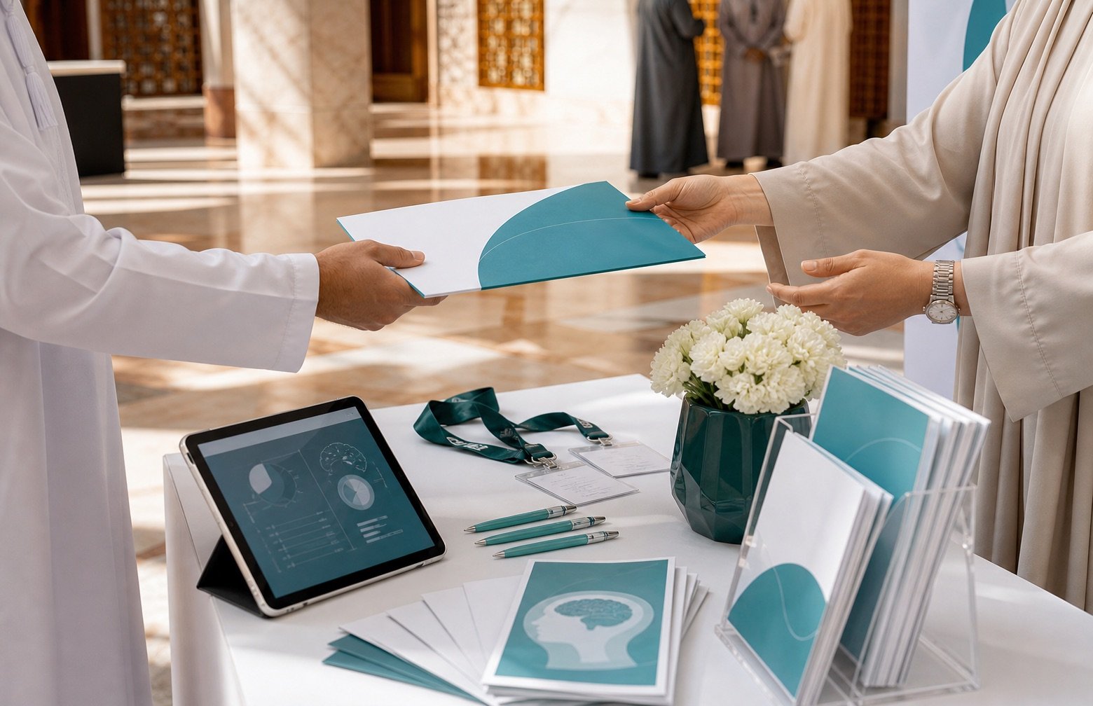 Hands exchanging a sponsorship folder at a mental health awareness booth for OPS2026